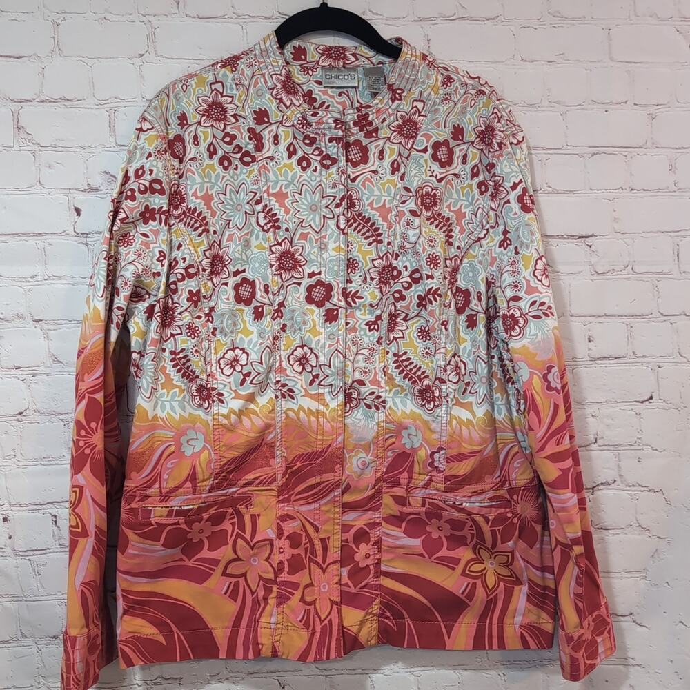 Orange Flower Power Color Block Print Mod Jacket Mandarin Stretch Chicos 3